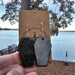Handmade Resin Gold and Black Goth Coffin Beautiful Beacons 925 Silver Earrings